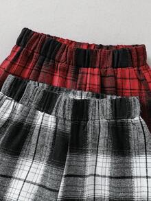 2 件年轻女孩简约舒适英伦风格夏季短裤，双色格子全印花松紧腰短裤，户外休闲运动复古童装，女孩日常旅行新款百搭 - 彩色 - 查看 3