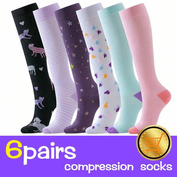 زوج 1/6 من جوارب الضغط الرياضية للنساء الممرضات والأطباء، مزينة بنمط بسيط من القطط والقلوب والنجوم، جوارب طبية داعمة للركبة للجري، طراز Y2K