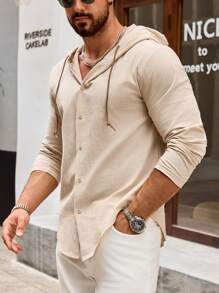 Camisa com Capuz de Algodão e Linho Masculina de Manga Longa, Leve, Macio e Respirável, Camisa com Botões Casual, Fashion, Tops/Para Uso Diário/Férias na Praia