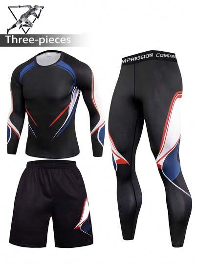 3-delars herrset med kamouflagemönster, långärmad tröja och byxor för utomhussport, fitness, löpning, kompressions- och träningskläder som passar olika kroppstyper