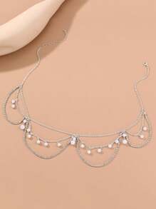 1 pieza Cadena para la cabeza con cuentas de perlas falsas y rhinestone estilo bohemio, diadema hecha a mano de cadena metálica, estilo romántico para uso diario, adecuada para citas, novias, festivales y fiestas