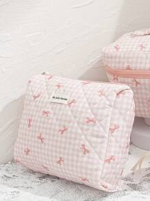 1 Piece Pink Plaid Cosmetic Bag, Bow Pattern, Girly Heart Design, Multifunctional Cosmetic Storage Pouch Portable Cosmetic Brush Clutch Bag With Zipper Closure, Ready For Lipstick