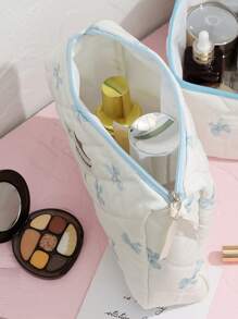 1 Stück weiße gesteppte karierte Kosmetiktasche, blaues Schleifenmuster, girly Herz Design, multifunktionale Kosmetik Aufbewahrungstasche, tragbare Kosmetikpinsel Clutch Tasche mit Reißverschluss, geeignet für Lippenstift, Pinsel, Hautpflege, Aufbewahrungsbox, für Urlaub, Strand, Badezimmer, Schlafzimmer, großes Fassungsvermögen