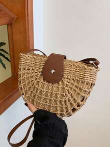 Yogodlns 度假编织沙滩包轻便草编手提包拉链封口女士海边必备单肩包女士镂空编织手提包带可调节肩带半圆形草编手提包休闲单肩包旅行度假通勤包 - 卡其色 - 查看 4