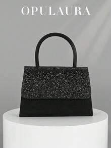 OpulAura 女士时尚闪光翻盖派对手拿包，奢华闪亮晚宴包，正式手提包，适合舞会、婚礼、派对、宴会、生日活动、伴娘礼物、新娘手拿包 - 黑色 - 查看 1