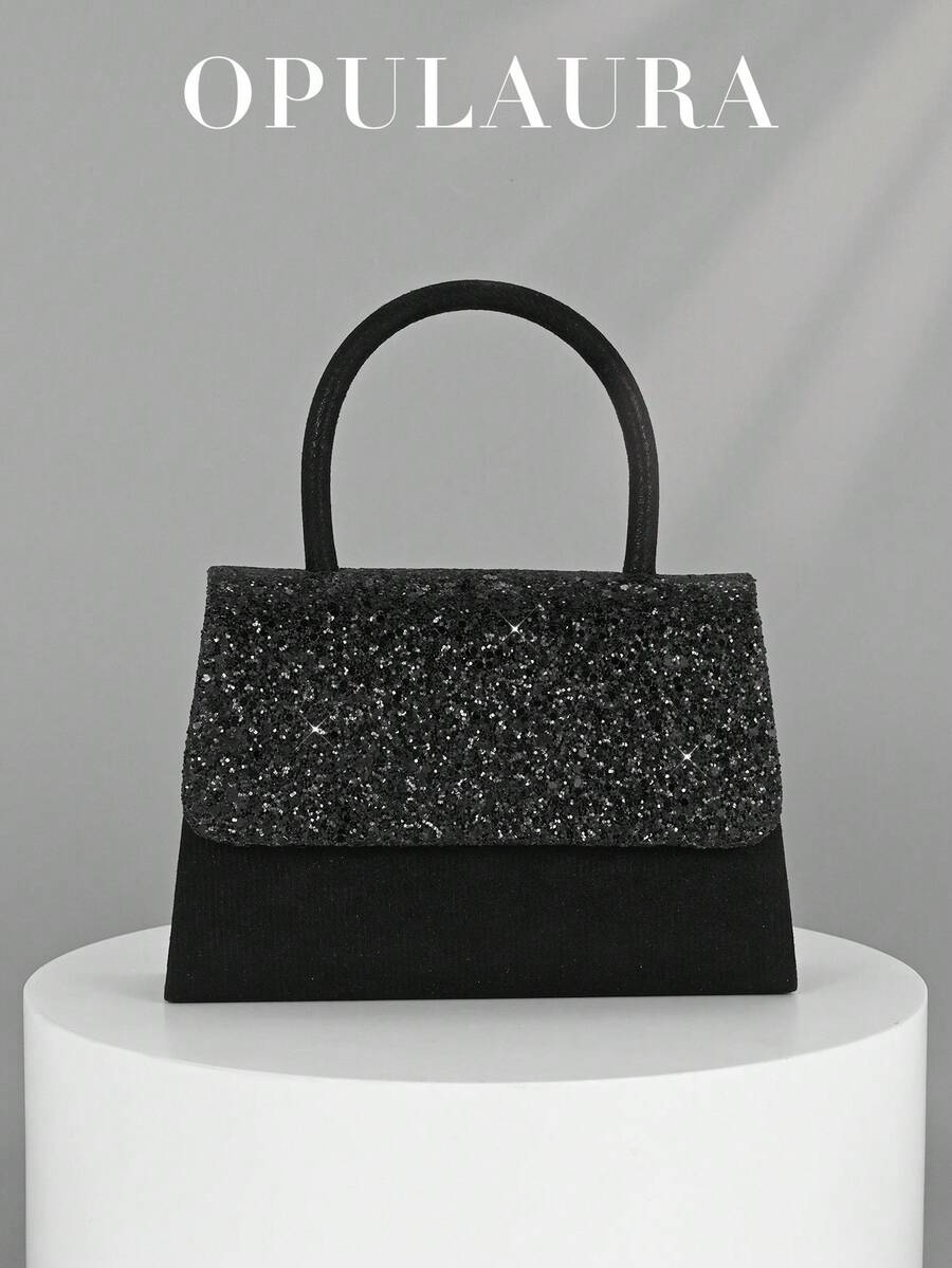 OpulAura 女士时尚闪光翻盖派对手拿包，奢华闪亮晚宴包，正式手提包，适合舞会、婚礼、派对、宴会、生日活动、伴娘礼物、新娘手拿包 - 黑色 - 查看 1