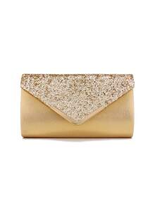 情人节礼物浪漫银色手拿包，V形金属链条闪亮亮片信封式晚宴包，适合派对、婚礼、休闲场合，女士手提包，宴会钱包 - 金色 - 查看 3