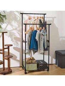 1pc Double Bar Rolling Clothesline, Multi-Layer Storage Clothes Rack, Bedroom Floor Standing Clothes Pants Shoes Hat All-In-One Rack, Lightweight Luxury Hanging Clothes Rack, Indoor Home Use Coat Rack, Retail Store Bedroom Clothes Hanger, Commercial Clothes Rack, Drying Rack - Black - View 10