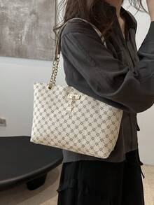 Bolso de mano de gran capacidad para mujer, bolso de hombro con cadena elegante, nueva bolsa de moda para debajo del brazo, bolso de lino retro - Blanco 2 - Ver 7