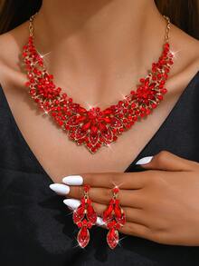 3pcs Bridal Flower Themed Vintage High-End Jewelry Set For Women, Including Necklace And Earrings, Suitable For Wedding, Party Or Valentine's Day Gift - Golden Red - View 12