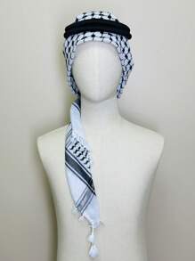 Designer Style Black & White Geometric Pattern Casual Head Scarf/Neck Scarf, Linear Flower Fringe Edging, Suitable For All Seasons