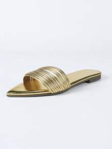New Summer French Style Strap Flat Roman Sandals, Sexy Gold Pointed Toe Slide Sandals - Gold - View 2