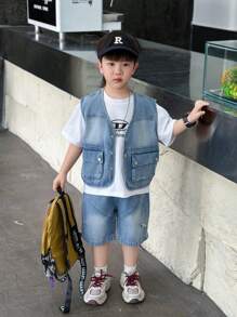 2pcs/Set Toddler Boys' Denim Vest And Shorts Set, Summer