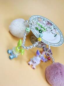 Creative DIY Cute Fresh Furry Pompom & Pearl Beaded Candy Color Rabbit Keychain Bag Pendant