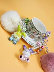 Creative DIY Cute Fresh Furry Pompom & Pearl Beaded Candy Color Rabbit Keychain Bag Pendant