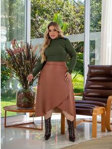 Plus Size High Waist Leather Wrap Skirt With Slit And Adjustable Bow Long - 鏽棕色 - 查看 2