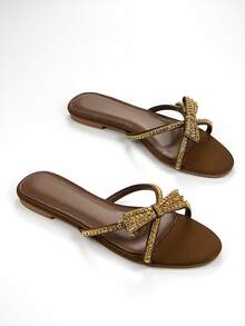 Women's Luxurious Butterfly Rhinestone Chain Decor Slip-On Flat Mule Sandals, Brown Lycra Material, Fashionable Round Toe, Comfortable For Daily Wear And Party,Spring Summer Outfits - Brown - View 2