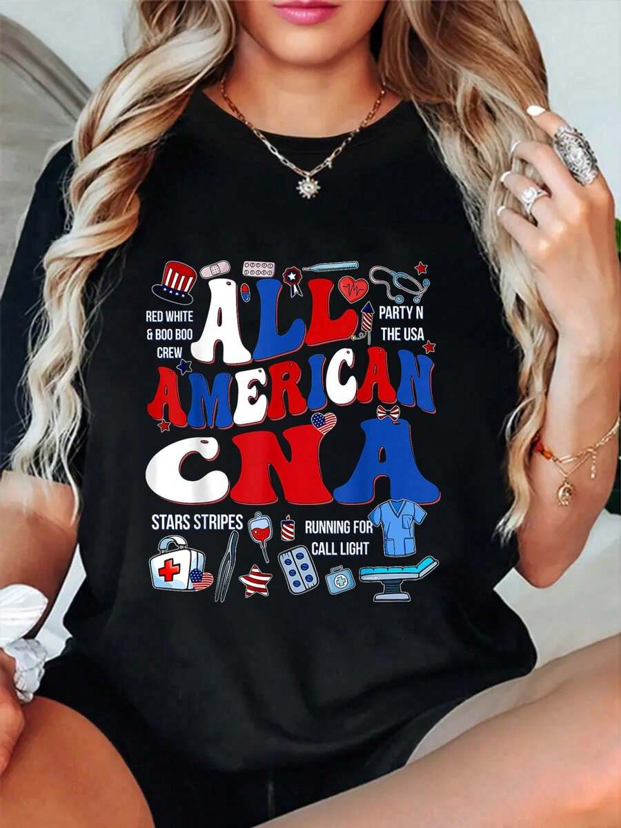 100% Algodón Parte superior de uniforme tipo CNA con estampado del 4 de julio, camiseta gráfica patriota para mujeres RN CNA, casual para hombres y mujeres - Negro - Ver 1
