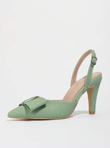 Fall/Winter Pale Green Pointed Toe High Heel Shoes With Backstrap, Spring/Summer Chunky Heel Women Sandals With Bowknot Buckle Strap,Elegant,Kitten Heels