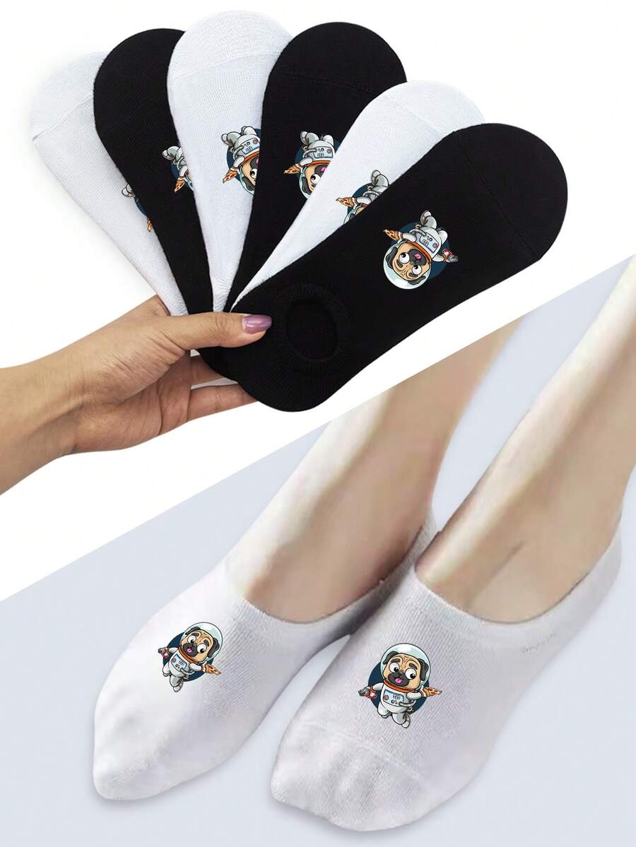 3/5 Pairs Of Women's White Invisible Socks, Pug Puppy Pattern, Black Socks, Fashion Socks, Boat Socks, Novelty Socks, Cute Socks, Funny Socks, Casual Socks, Perfect For Summer, Holiday Gifting Socks, Non-Removing Sock Heels - Multicolor - View 1