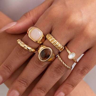6pcs/Set French Minimalist Personalized Design Metal Vintage Rings Set, Suitable For Parties, Gifts, Daily Wear (Tiger Eye Stone Image May Differ Slightly From Actual Product, Please Refer To The Physical Item), (Please Do Not Wear While Bathing, Size Chart Included, Do Not Forcefully Bend, Purchase Carefully)