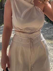 Jeta Ari Women's Apricot Elegant Commuter Stacked Neck Top And Wide Leg Pants Two Pieces Set,Teacher Clothes,Lightweight And Comfortable Pants Two Pieces Set,Asymmetrical Sleeveless Top Two Pieces Set,Suitable For Spring, Summer And Fall,Loose Pants Two Pieces Set,Designer Two Pieces Set,Concert Women Outfit,Elegant Evening Dress,Suitable For Daily, Party, Homecoming Season, Wedding Season, Performance Costumes - Khaki - View 11