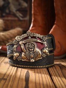 1pc Men's Bohemian Western Cowboy Style Poker Embossed Metal Buckle Vintage Multi-Color Rivet PU Belt - Skeleton - View 16