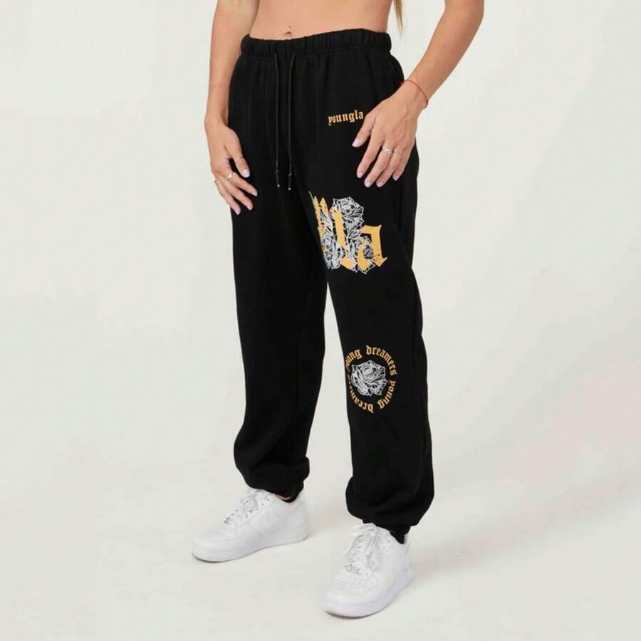 YOUNGLA American Sweatpants Gym Bodybuilding Running Training Pants Cotton Terry Printed Leggings - 黑色 - 查看 1