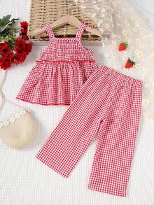 甜美女婴夏季时尚服装 - 无袖荷叶边吊带短款上衣 + 格子印花长裤 2 件套 - 紅白色 - 查看 2