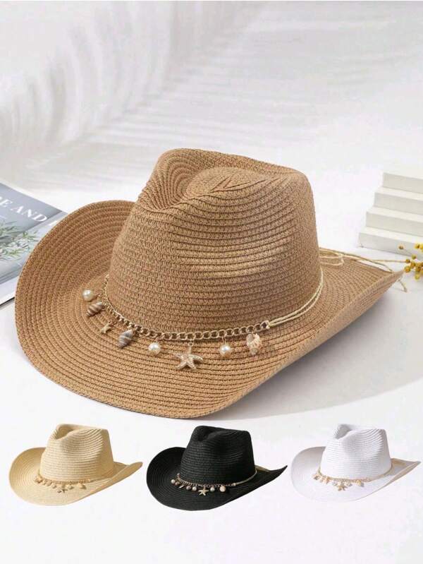 1pc Unisex Tassels Decor Boho Jazz Panama Visor Cowgirl Hat Cowboy Hat Straw Hat Beach Hat For Outdoor