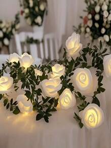 Affascinante ghirlanda luminosa a LED a forma di rosa - funziona a batterie, luci a catena bianco caldo con accenti di foglie verdi per feste di compleanno, matrimoni, decorazioni per la festa della mamma (batterie non incluse), per uso interno, illuminazione romantica | Illuminazione elegante | Luci decorative, luci per decorazione (Rosa bianco, 3m/20 LED)