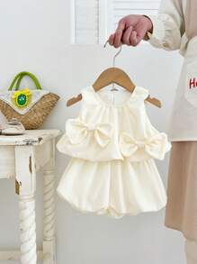 2 pezzi/set Vestito casual di stile principessa e pantaloncini a lanterna per neonate e bambine, con fiocco decorativo, colore albicocca, set estivo