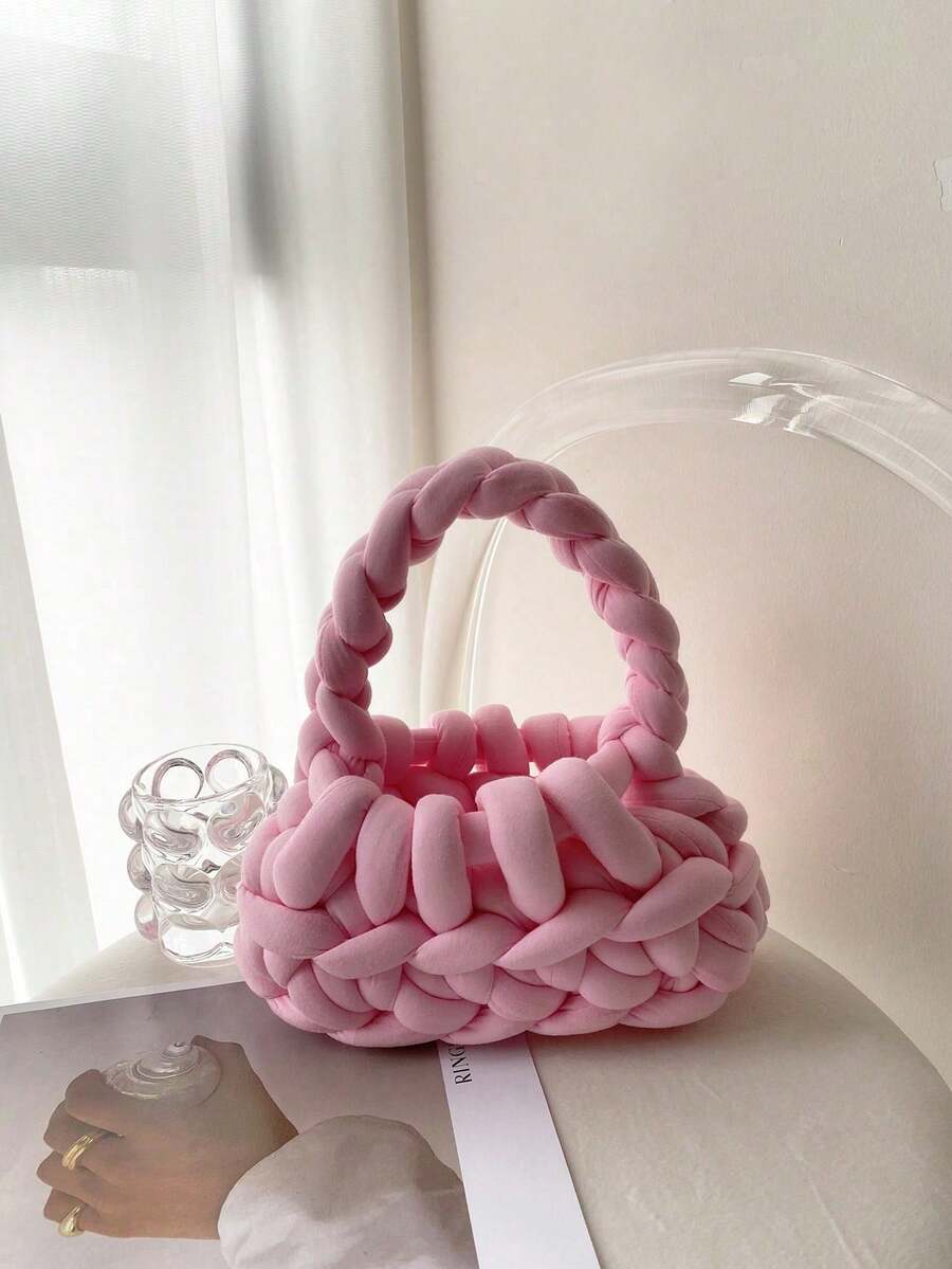 Ladies' Handbag, Hooked And Woven, Solid Color, Handmade, Hollow Design, Fashionable And Minimalist, Suitable For Outings And Shopping. - Pink - View 1