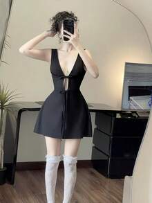 女士优雅纯色无袖简约短款深V性感蝴蝶结连衣裙 黑色夏季 - 黑色 - 查看 4