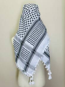 Designer Style Black & White Geometric Pattern Casual Head Scarf/Neck Scarf, Linear Flower Fringe Edging, Suitable For All Seasons