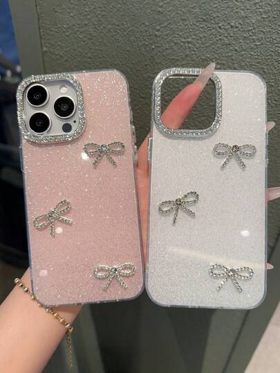 粉色奢华闪亮水晶水钻相机手机壳，适用于 16/15/14/13/12/11 Pro Max Plus，3D 闪光蝴蝶结软透明后盖，防水防震防摔防刮