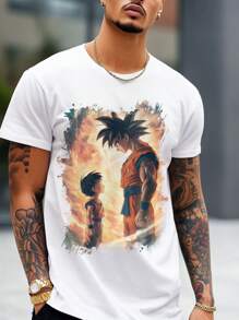Men's Fashionable Multi-Purpose T-Shirt With An Illustration Of Goku And A Young Boy In Dynamic Pose - Crew Neck 100% Cotton 220g