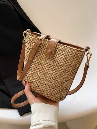 2025新款草编单肩夏季水桶包，休闲度假编织斜挎包