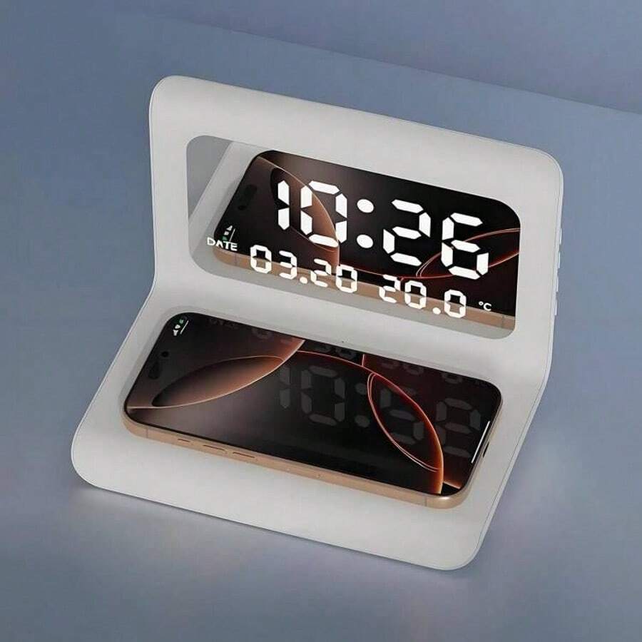 3 In 1 Wireless Charger, Time Temperature Display, Alarm Clock For Bedroom Desk, Fast Charging Dock Station Compatible With IPhone 17 16 15 14 13 12 11 Pro Max/Mini/Plus/XR/X/8, Compatible With Pods 2/3/4/Pro/Pro 2, Compatible With Samsung S25/S23/S22/S21/S20/, Galaxy Buds - Black - View 1