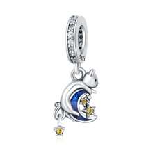 PANPOKI 1 Pc S925 Sterling Silver Fine Charms Star And Moon Playful Cat Owl Pendant Charm For Original Bracelet Necklace DIY Jewelry Making Fit Birthday Gifts For Women