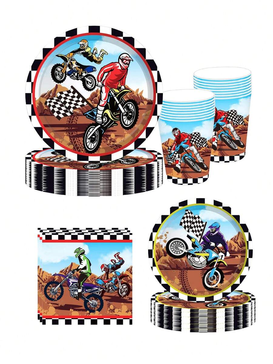 10 Buah Piring dan Serbet Pesta Bertema Sepeda Motor Off-Road, Set Peralatan Makan Pesta Bertema Sepeda Motor, Dekorasi Pesta Sepeda Motor Off-Road - MultiWarna - View 1