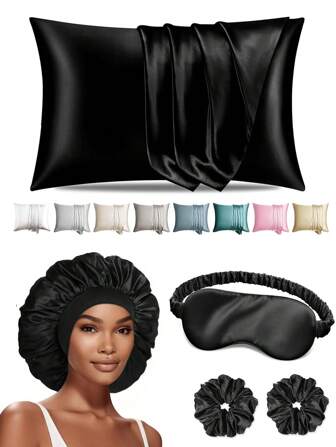 5pcs Satin Sleep Set -1pc Pillowcase, 1pc Breathable Hair Bonnet, 1pc Adjustable Sleep Mask,2pcs Premium Hair Scrunchies, - Simple And Comfortable Polyester Material,Hair,Travel,Hair Products,Hair Tools,Hair Stuff,Barber,Barber Accessories,Barbershop,Hairdressing Equipment
