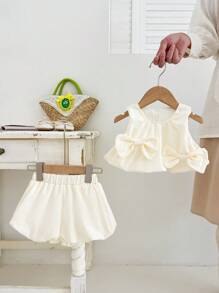 2 pezzi/set Vestito casual di stile principessa e pantaloncini a lanterna per neonate e bambine, con fiocco decorativo, colore albicocca, set estivo