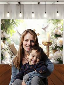 1 Stück florale Erste Heilige Kommunion Taufe Fotografie Hintergrund Gott segne weiße Blumen Friedenstauben goldenes Kreuz Partybanner 150 x 100 / 210 x 150 / 270 x 180 cm Hochzeit Babyparty Geburtstag Fotohintergrund für Innen- und Außenbereich Dekorationsbedarf