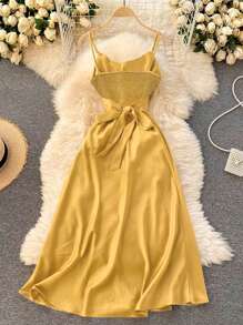 Women's Elegant V-Neck Tie Waist Satin Shiny Charming Sleeveless Dress For Spring/Summer, Ramadan