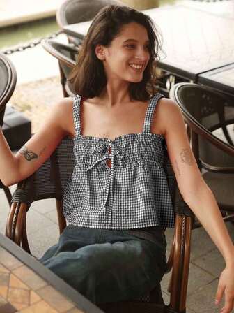 Women's Casual Plaid Strap Tie-Front Camisole Tank Top, Perfect For Vacation