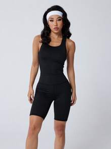 Women's Sports Racerback Tank Top And Pocket Shorts Set, Solid Color Design, Knit Fabric, Medium Elasticity, Opaque, Polyester & Spandex Blend, Suitable For Yoga, Workout, Exercise, And Casual Daily Wear - Slim Fit
