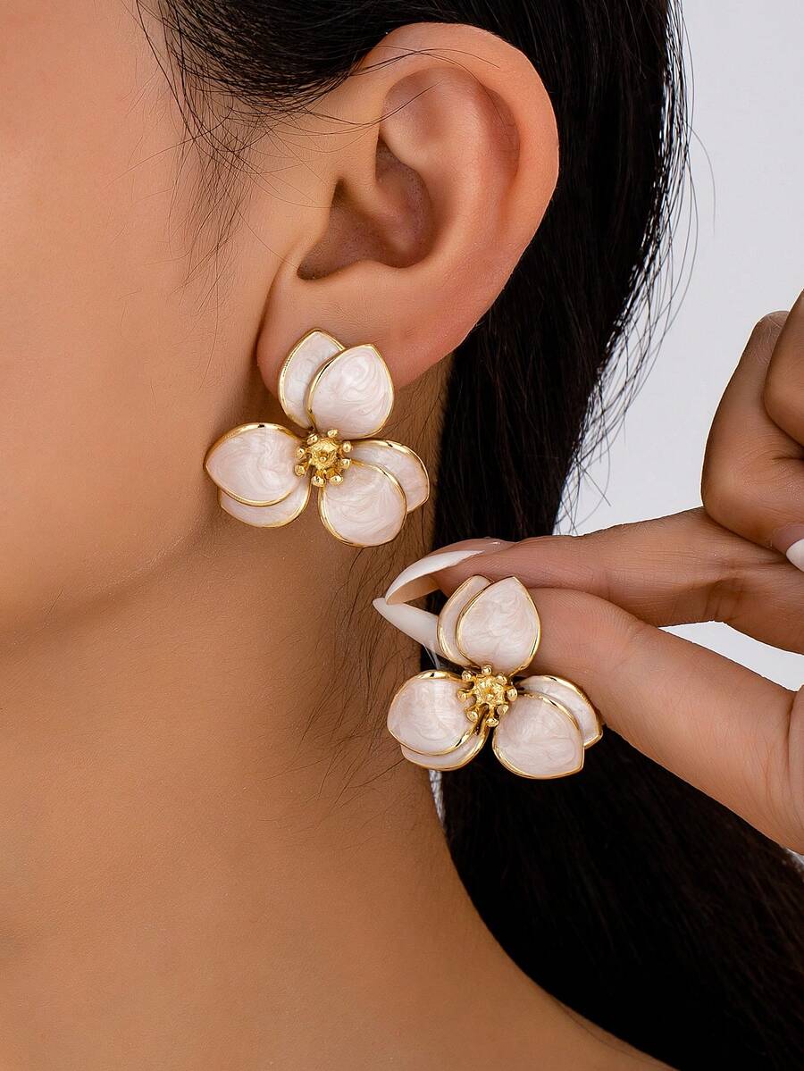 1 对时尚仿珍珠向日葵耳环（女士款） - 滴油花耳環 - 查看 1