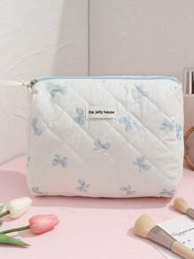 1 Stück weiße gesteppte karierte Kosmetiktasche, blaues Schleifenmuster, girly Herz Design, multifunktionale Kosmetik Aufbewahrungstasche, tragbare Kosmetikpinsel Clutch Tasche mit Reißverschluss, geeignet für Lippenstift, Pinsel, Hautpflege, Aufbewahrungsbox, für Urlaub, Strand, Badezimmer, Schlafzimmer, großes Fassungsvermögen