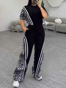 New Casual Comfy Leopard Print Round Neck Short Sleeve Top & High Waist Pocket Straight Leg Pants Set, Spring/Summer